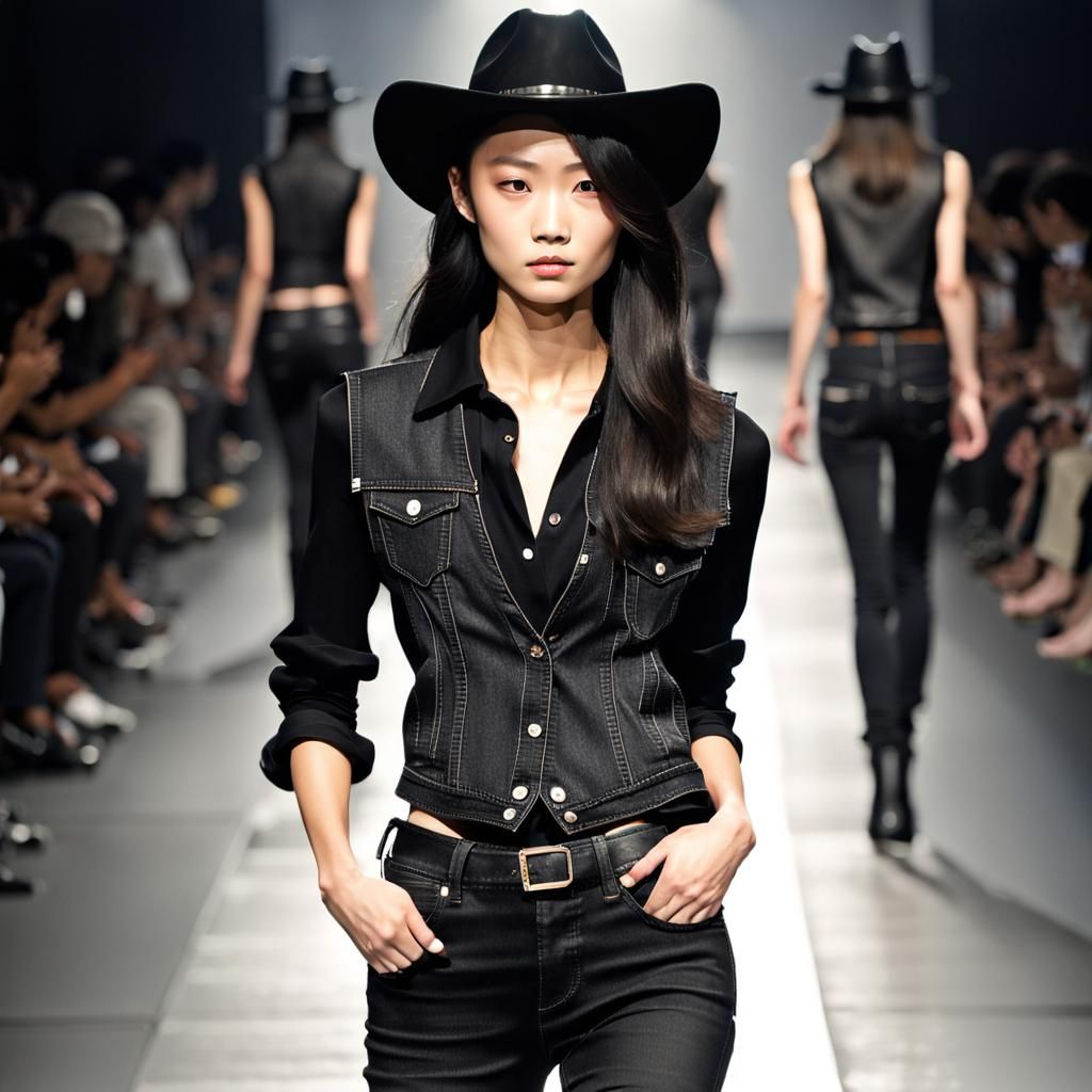 Japanese Model in Black Denim Cowgirl Outfit