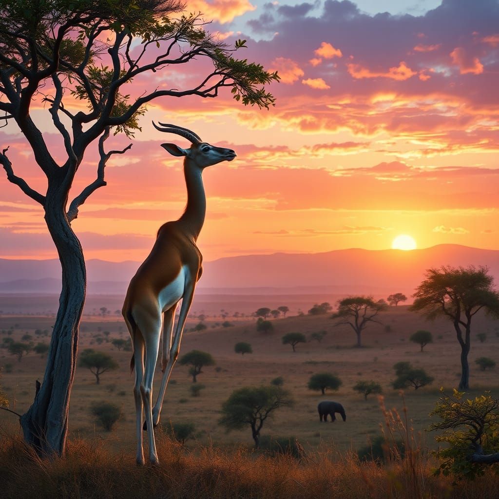 Elegant Gerenuk Reaching for Acacia Leaves at Sunset