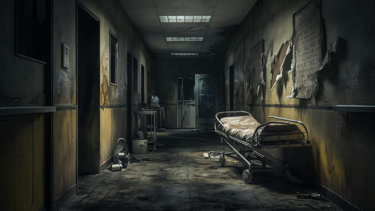 Desolate Hospital Corridor in Oil Painting Style