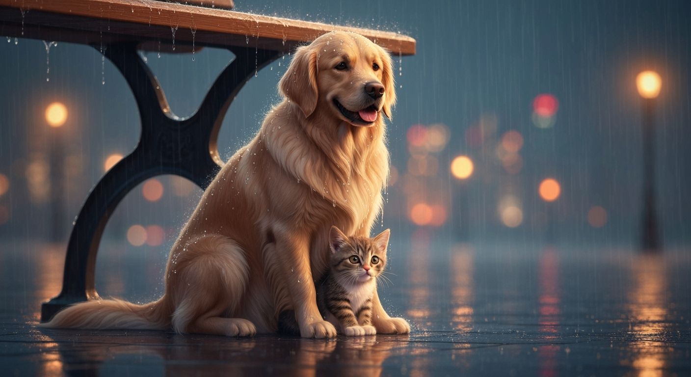 Golden Retriever Protects Kitten During Storm