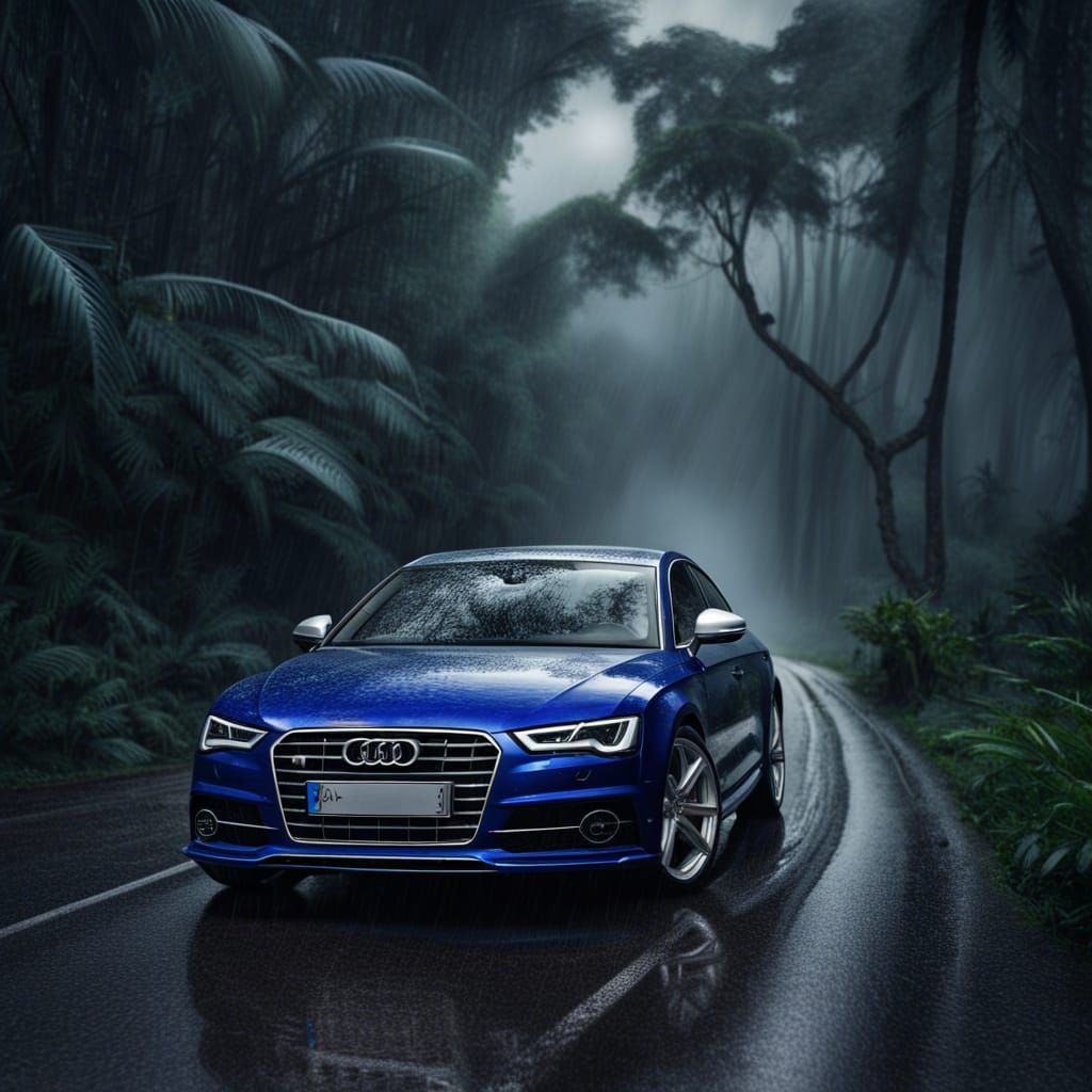 Audi on Jungle Road in Rainy Weather