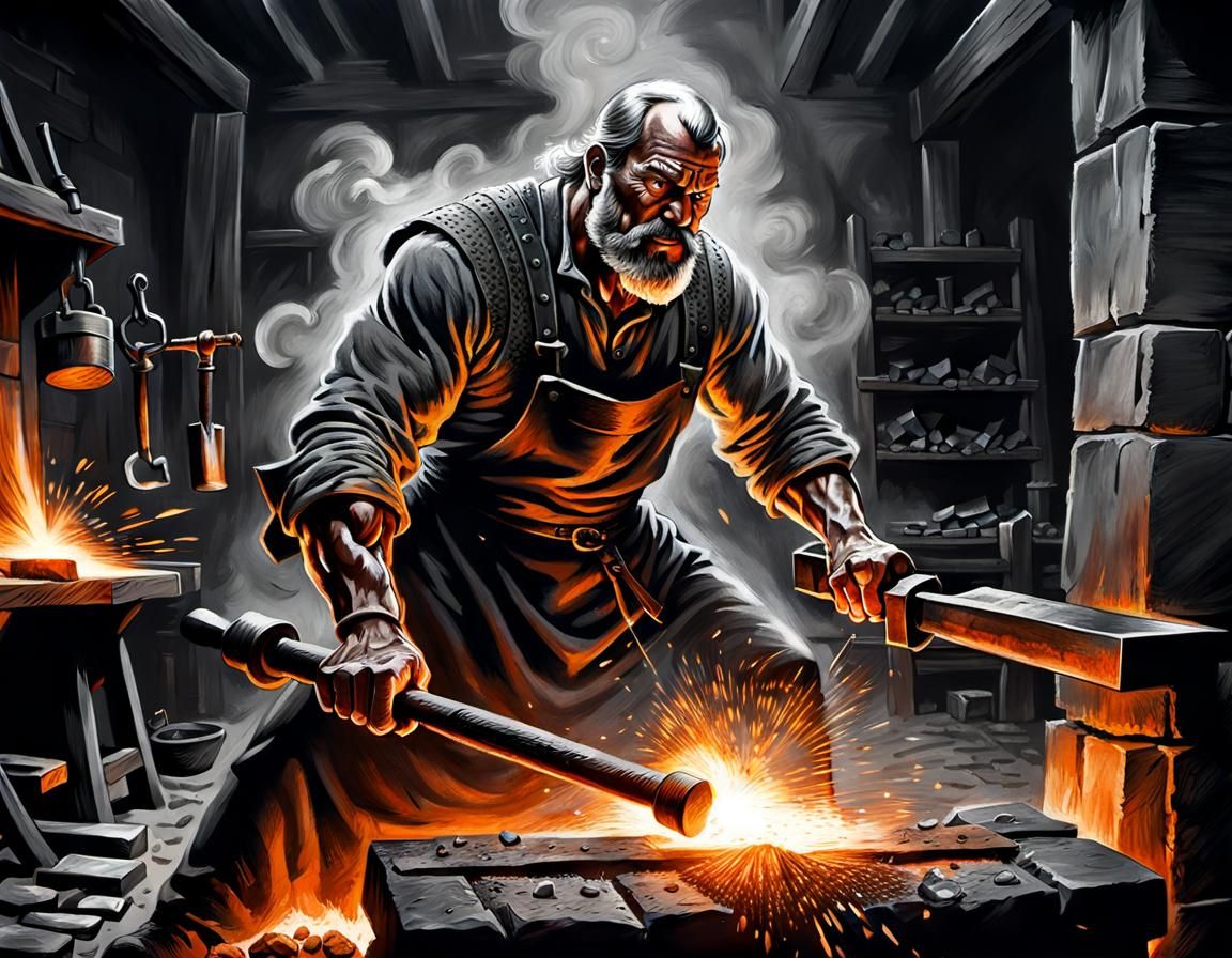 Medieval Blacksmith Forging Metal with Hammer