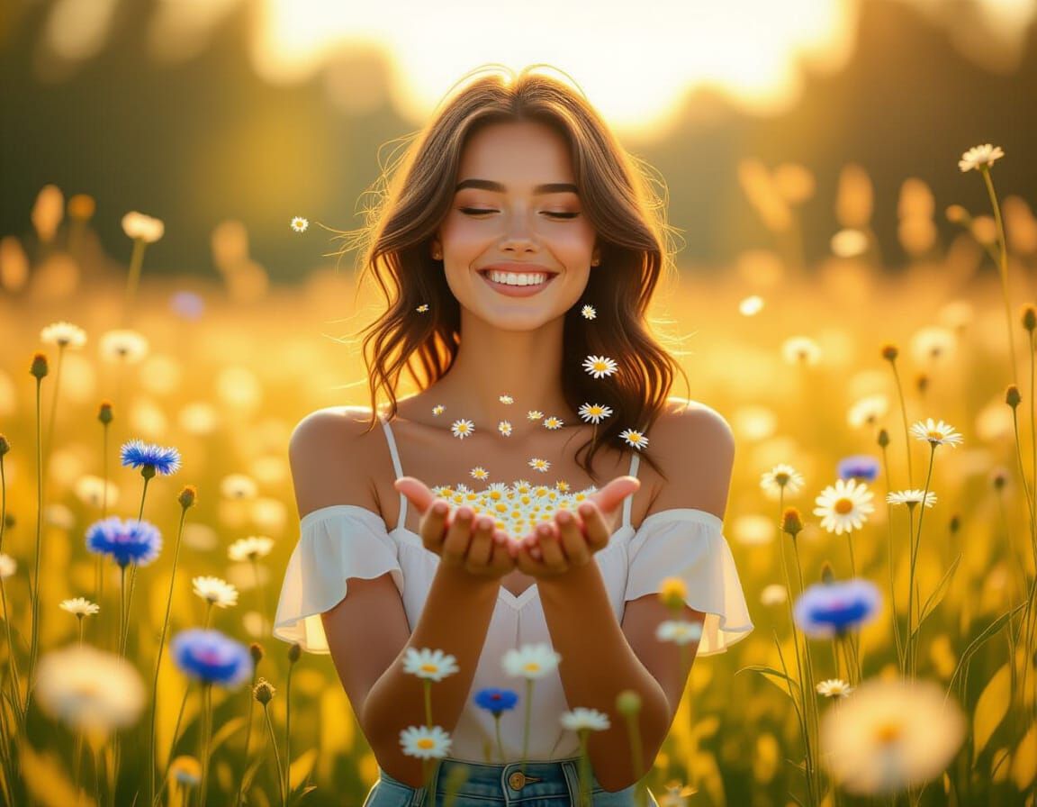 Smiling Woman Scattering Flowers in Lush Meadow