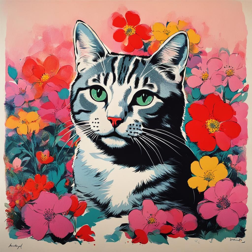 Pop Art Cat Surrounded by Flowers