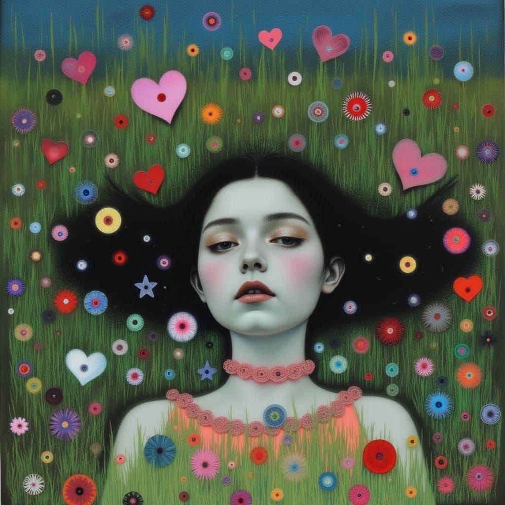 Woman in Grass on Summer Evening with Fireflies and Hearts