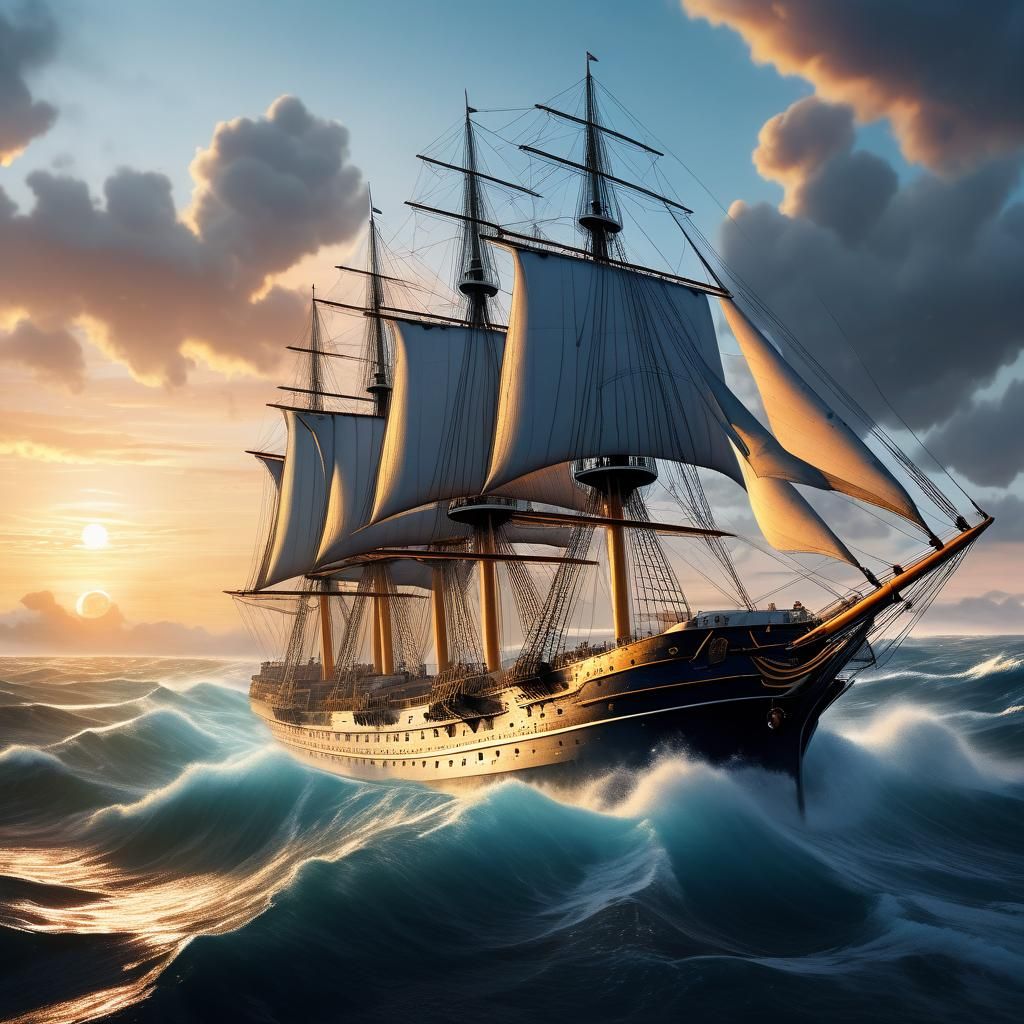 Gorch Fock Sails into Dawn: Hyperrealistic Splash Art