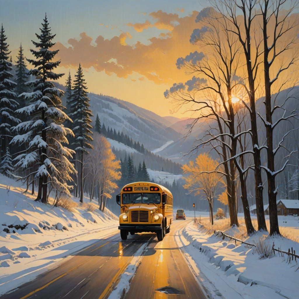Vintage Yellow School Bus on a Frosty Winter Morning
