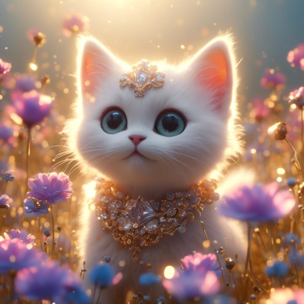 Mystical Kawaii Cat with Crystals and Flowers