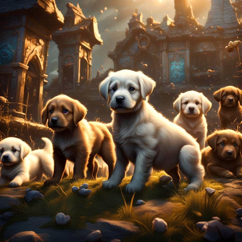 Playful Puppies in Detailed Fantasy Concept Art