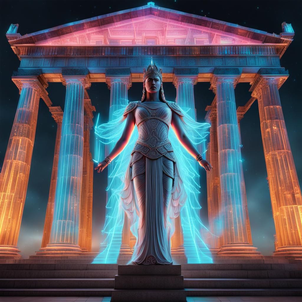 Holographic Athena Goddess Projected Before Neon Parthenon