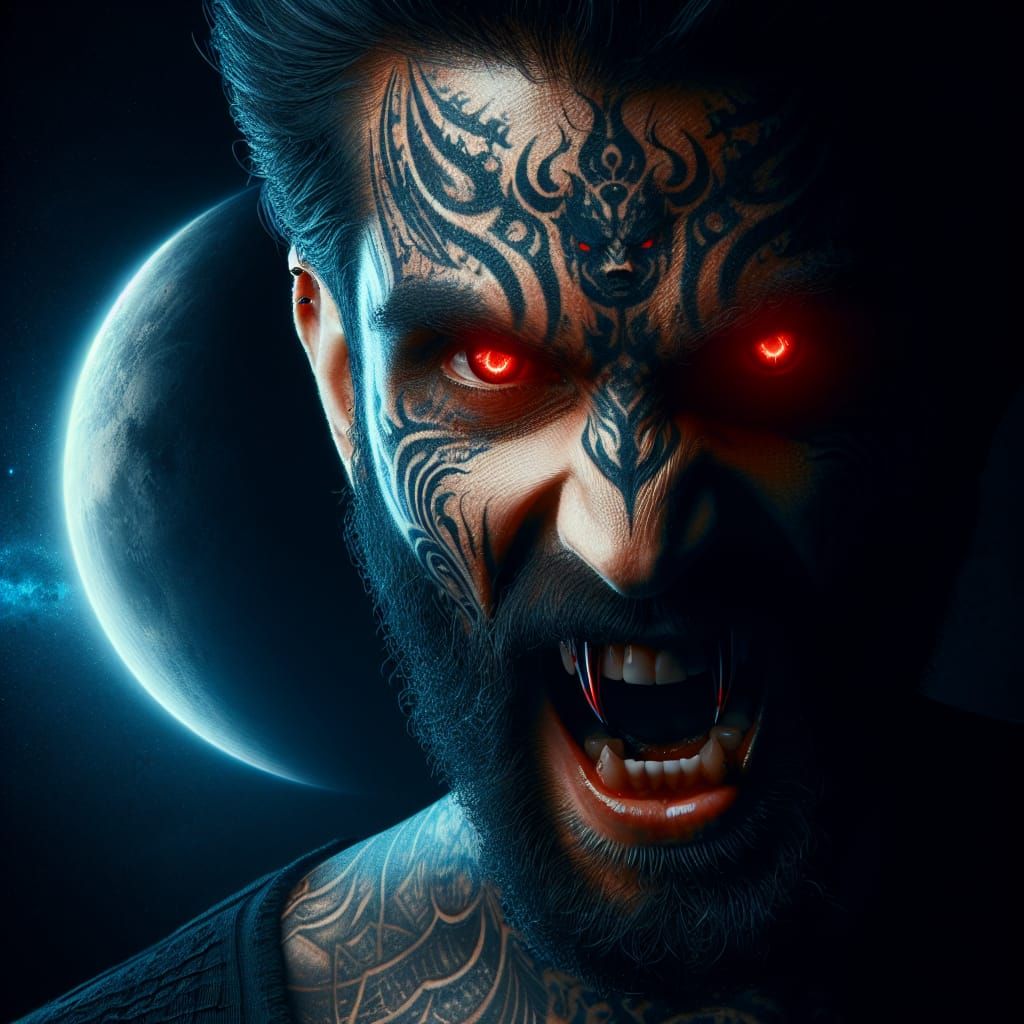 Menacing Portrait with Glowing Eyes and Facial Tattoos