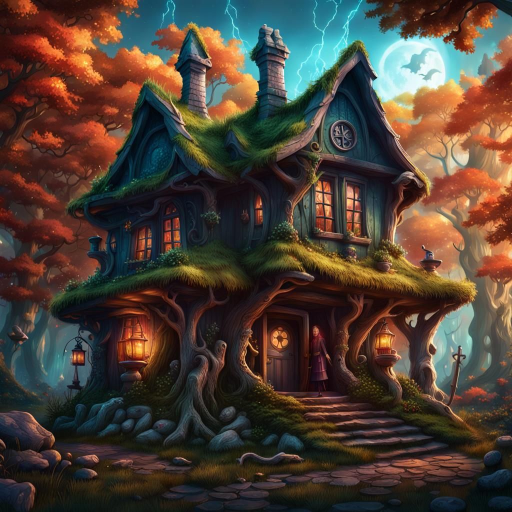 A witches house in the woods, with a cauldron, potions, magic books , magic creatures detailed matte painting, deep colo...