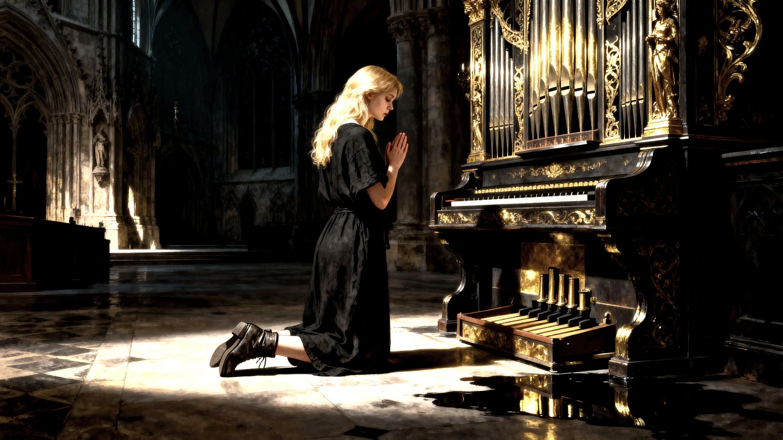 Gothic Blonde Kneeling Before Pipe Organ