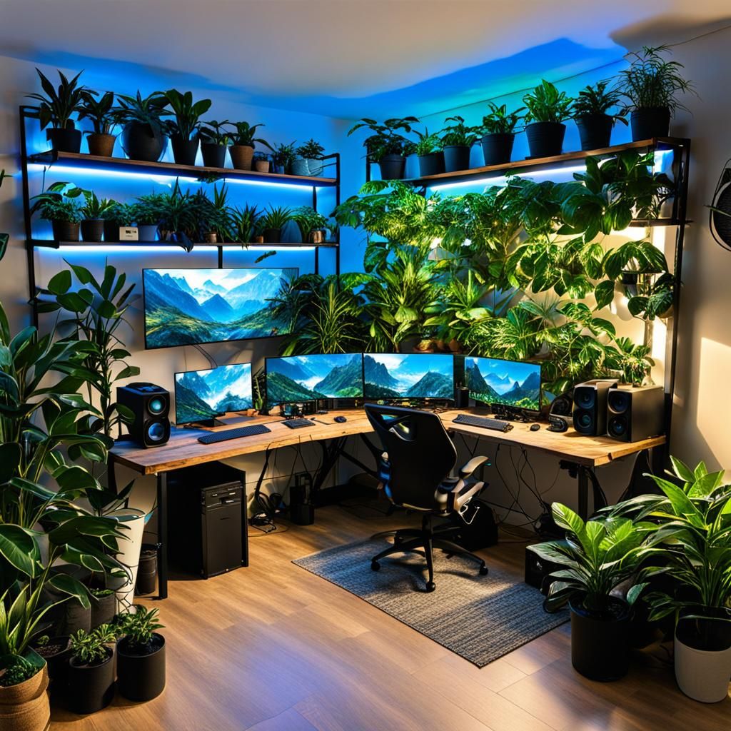 Plant-Filled Gaming Room with LED Lighting