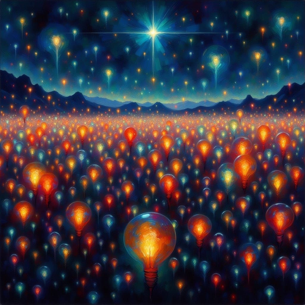 Surreal Field of Glowing Light Bulbs in Oil Painting