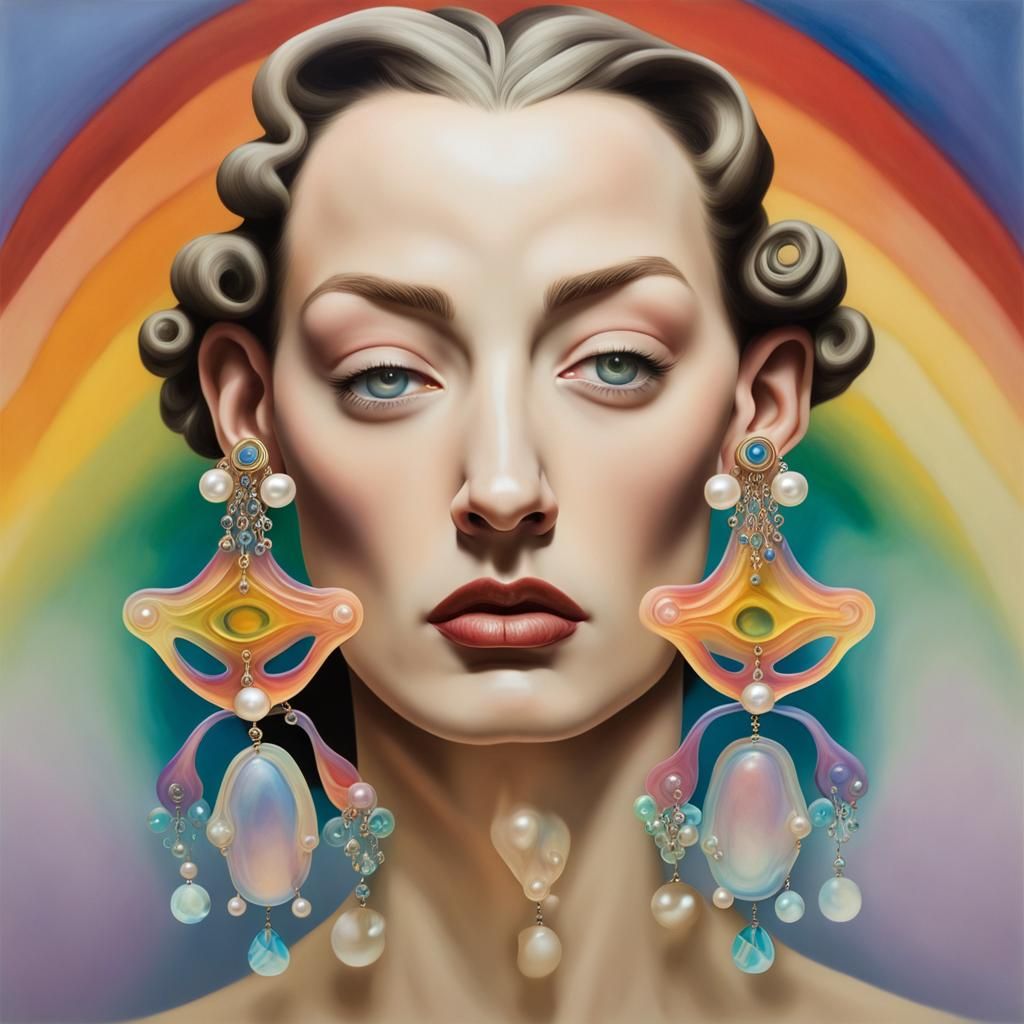 Surrealist Portrait with Translucent Rainbow Earrings
