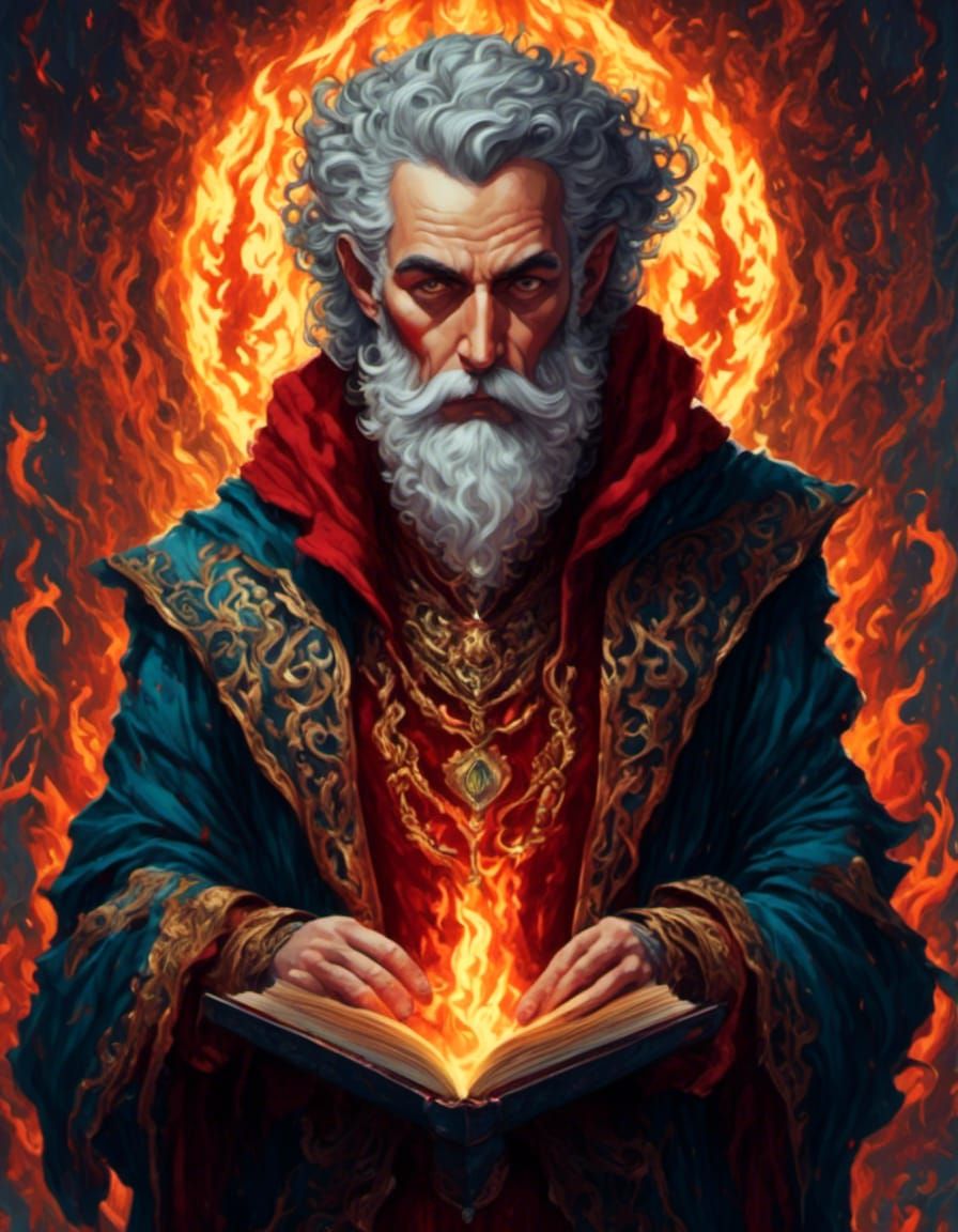 Intricate Horrorcore Mage Reading Book of Flame