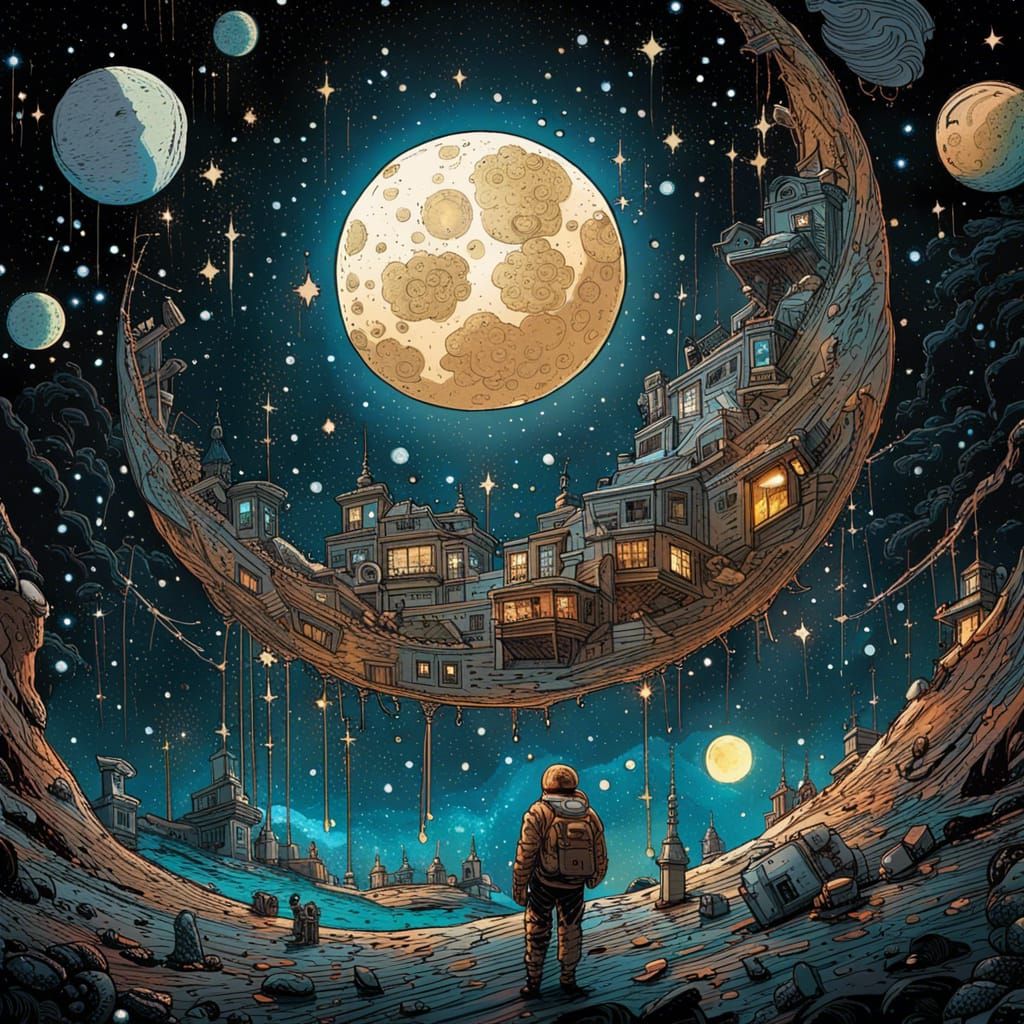 Hyperrealistic Moon in Starry Night Sky