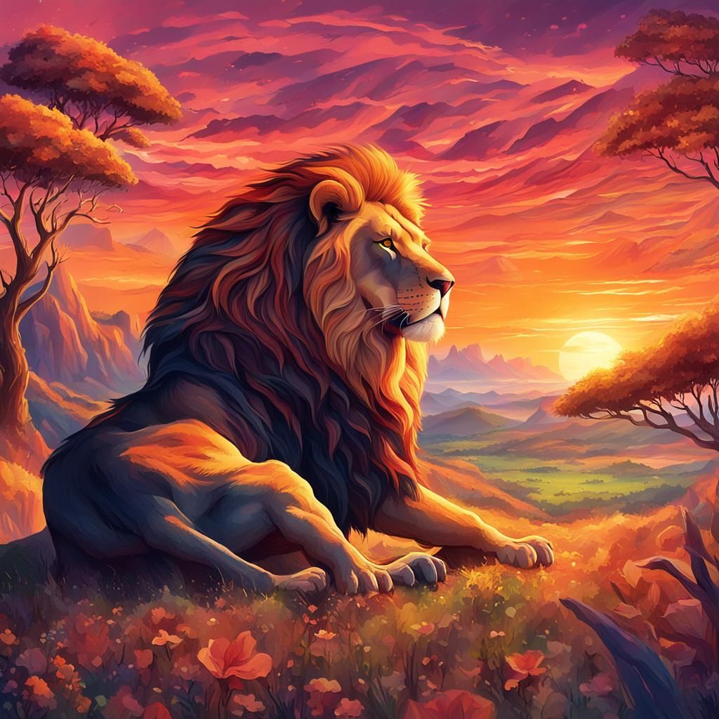 Lion Silhouetted at Sunset in Fantasy Landscape