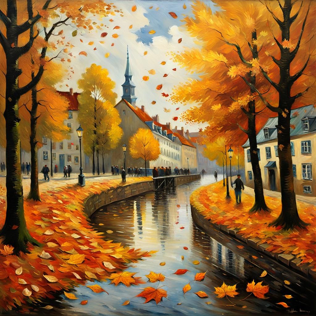 Whirling Autumn Leaves in Oil Painting Style
