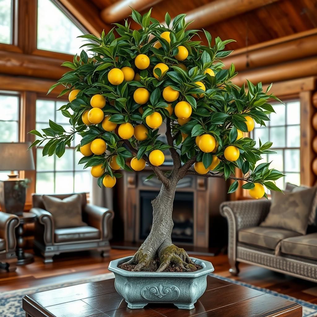 Kengai Style Lemon Bonsai Tree in Log Cabin