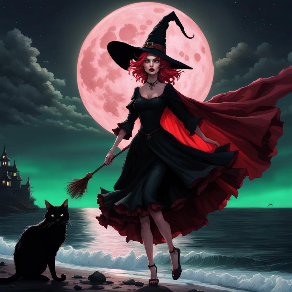 Flying Witch with Cat Under Red Moon