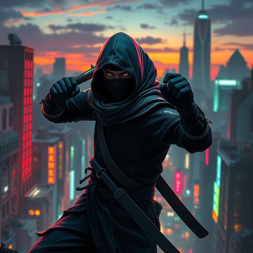 Sleek Ninja Warrior in Neon Cityscape, Inspired by Cyberpunk...