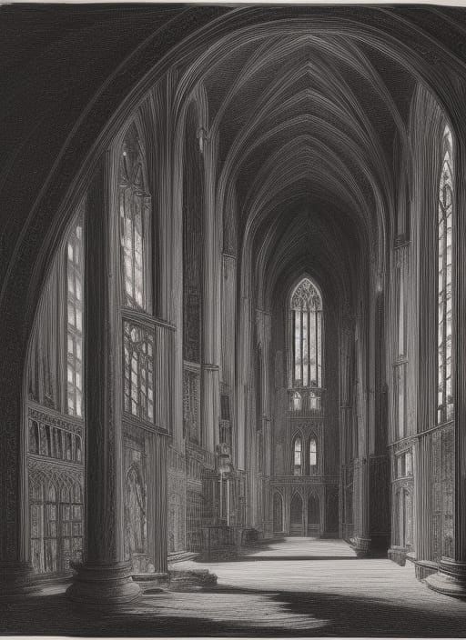 Gothic Mansion Engraving in Complementary Colors