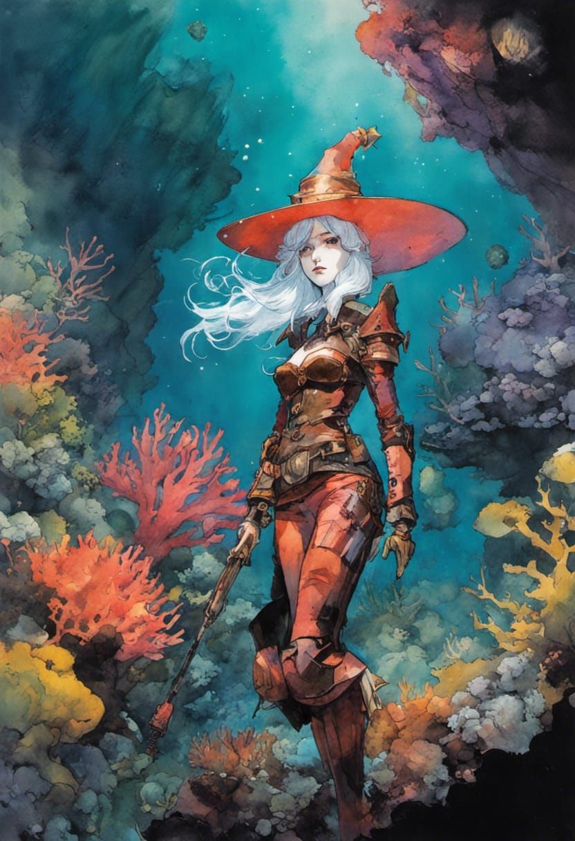 Goth Witch Swims in Coral Reef: Watercolor Sketch