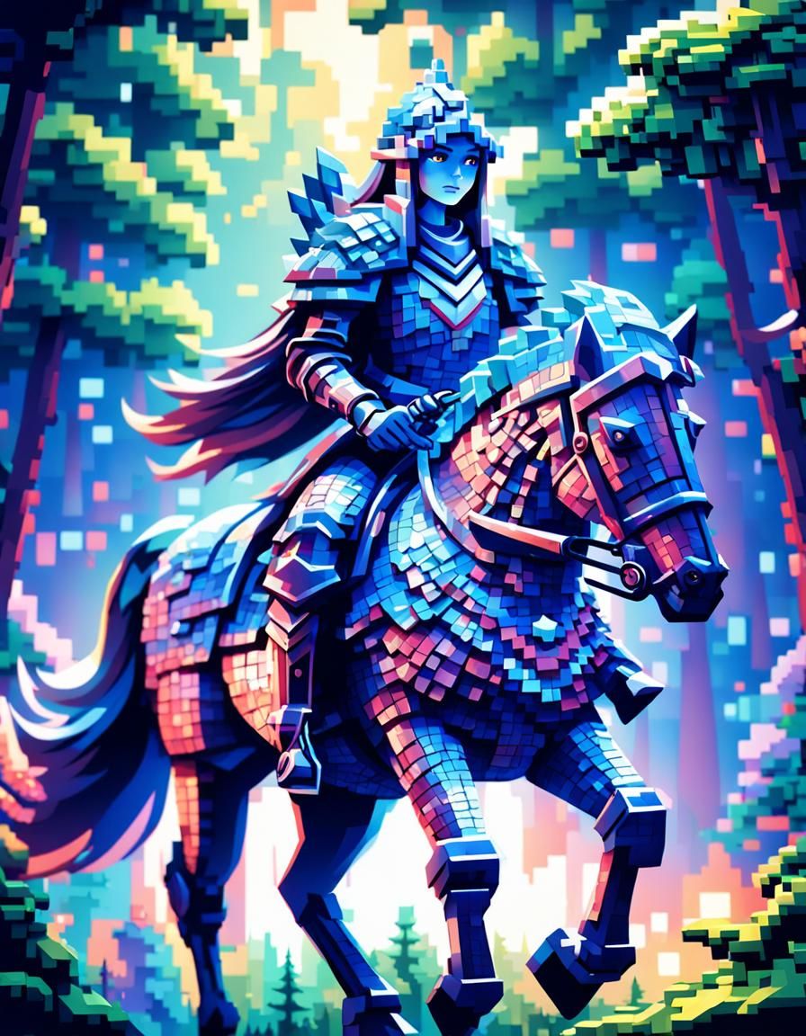 Pixelated Knight Rides Through Enchanted Forest