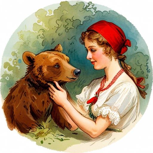 Vintage Illustration: Woman and Bear Cub