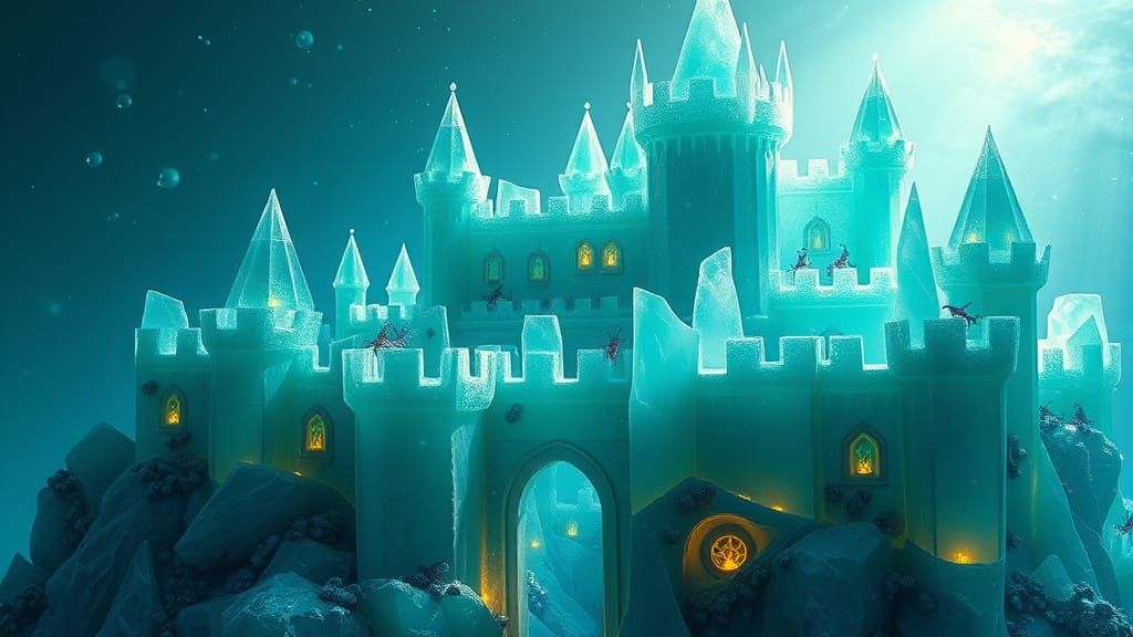 Frosted Sea Glass Castle with Bioluminescent Creatures