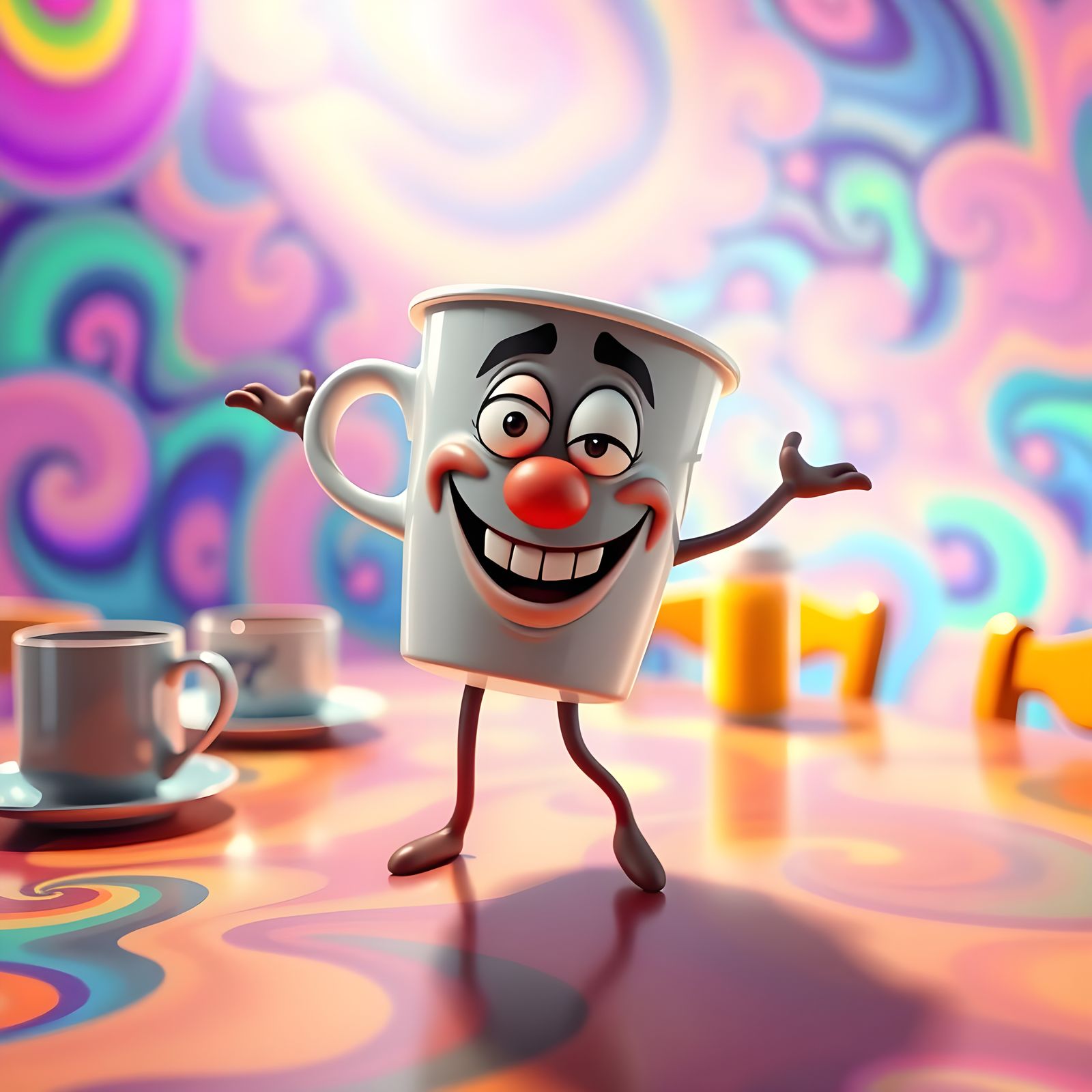 Anthropomorphic Coffee Cup Dancing with Volumetric Lighting