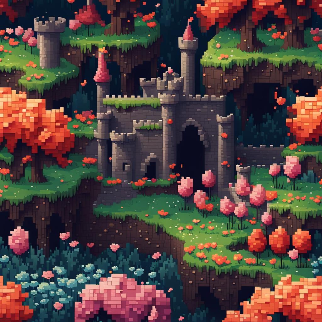 Pixel Art Flower Meadow in Dark Fantasy Castle