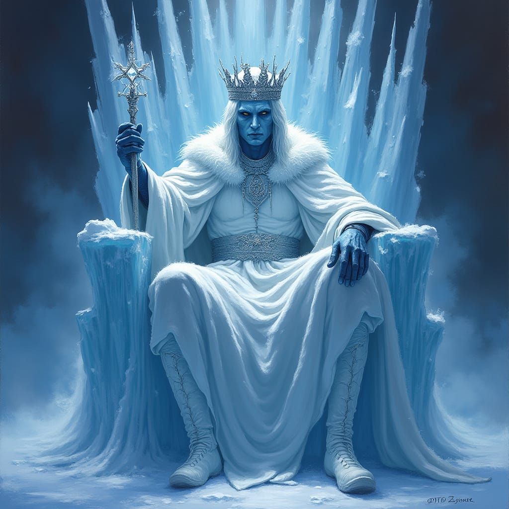 Winter King on Icy Throne in Dark Fantasy Style