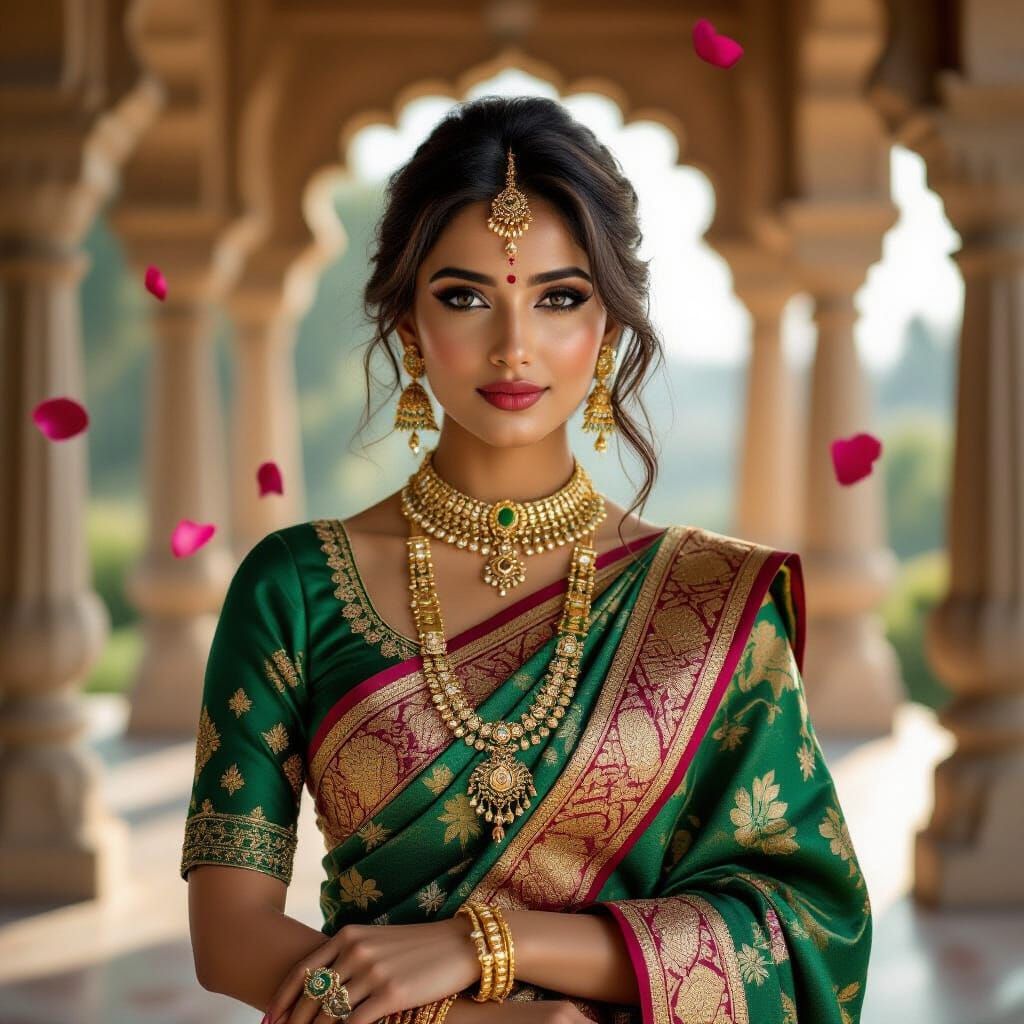 Indian Woman in Silk Saree with Gold Jewelry