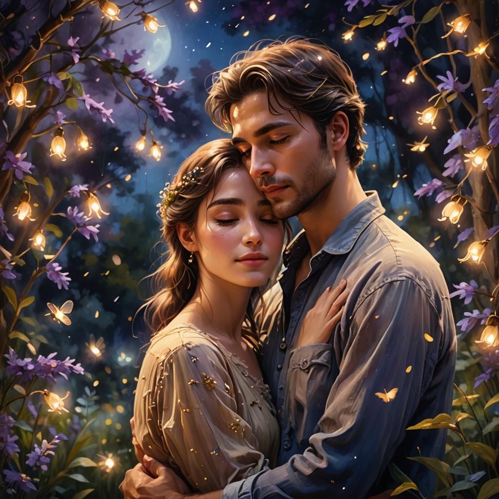 Romantic Couple Embrace in Moonlit Garden