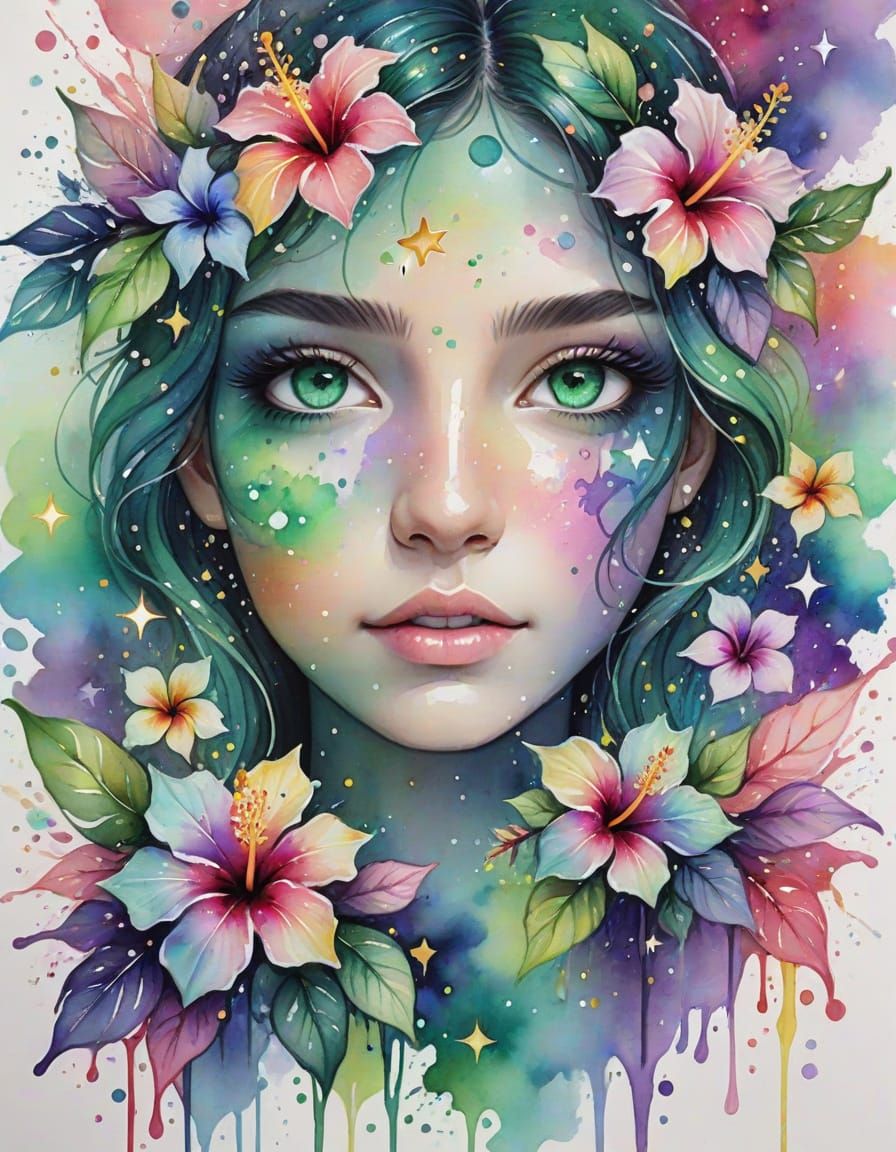 Emerald Eyes with Stars and Hibiscus Flowers in Watercolor