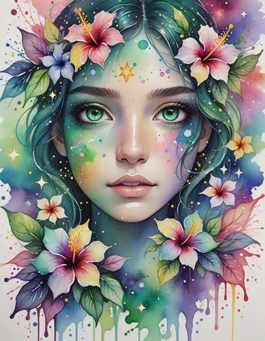 Emerald Eyes with Stars and Flowers in Watercolor Splash Art