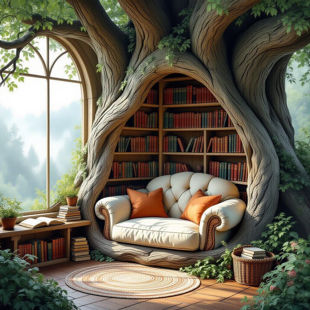 Enchanted Tree Reading Nook in Watercolor Style