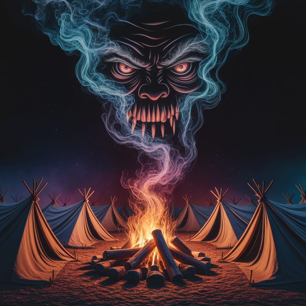 Campfire Scene with Angry Smoke Formations in Deep, Saturate...