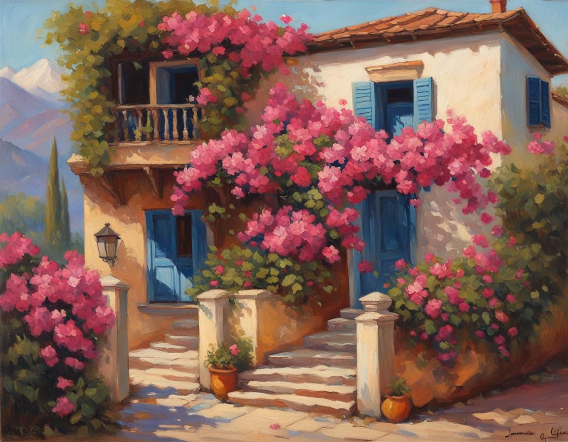 Renaissance Houses with Bougainvillea, Oil Painting