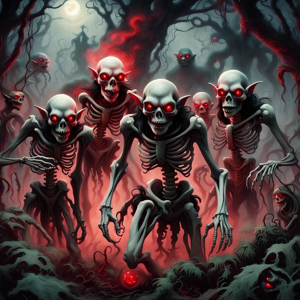 A group of eerie gothic goblin with red glowing eyes in a sc...
