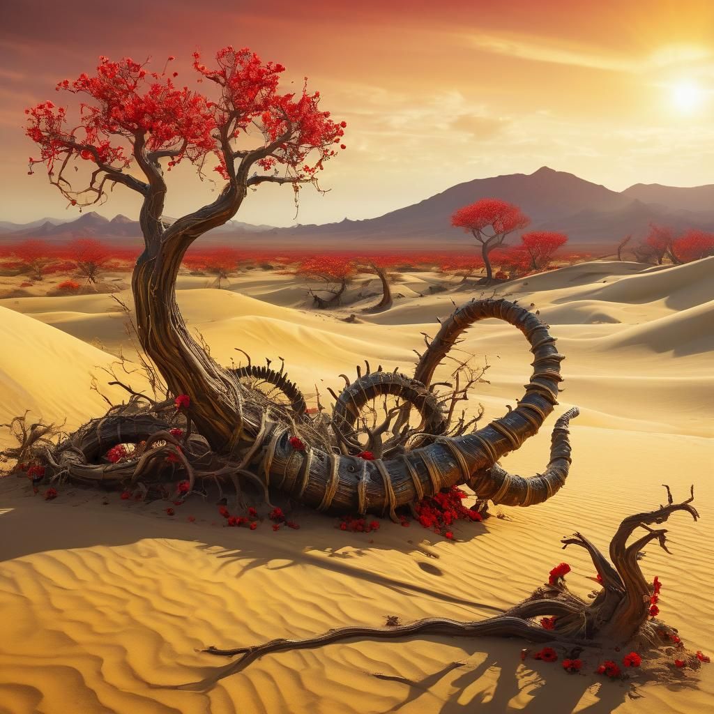 Beetlejuice Rides Sandworm in Surreal Desert Landscape