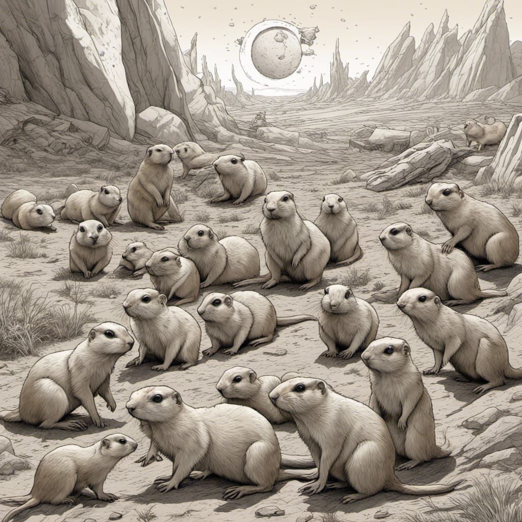Prairie Dogs in Asteroid Mine, Detailed Illustration