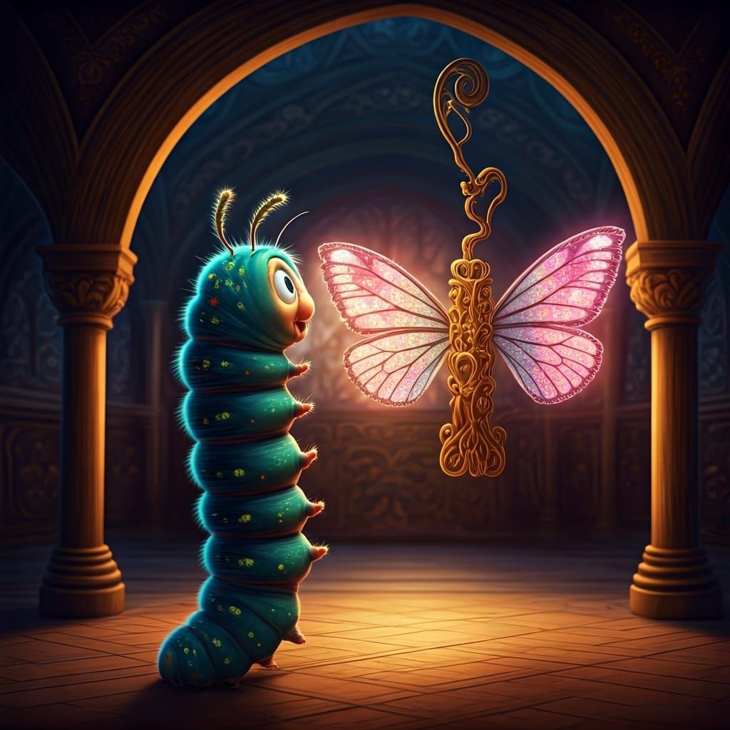 Caterpillar admires Wings in Disney Animation Style