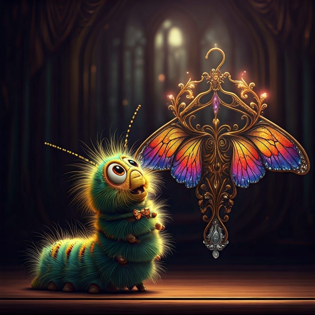 Elegant Caterpillar Admires Wings in Futuristic Style