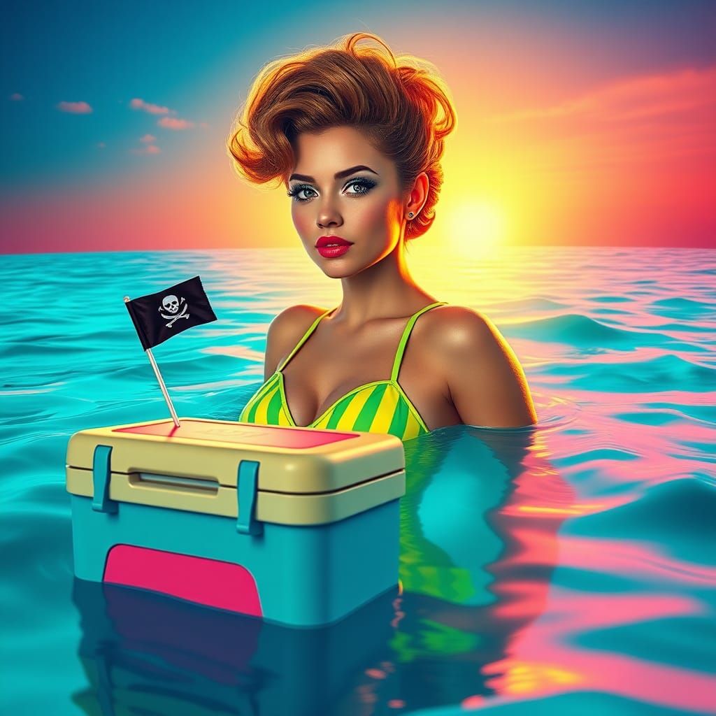 Woman with 80s Hair Floats in Retro Ocean