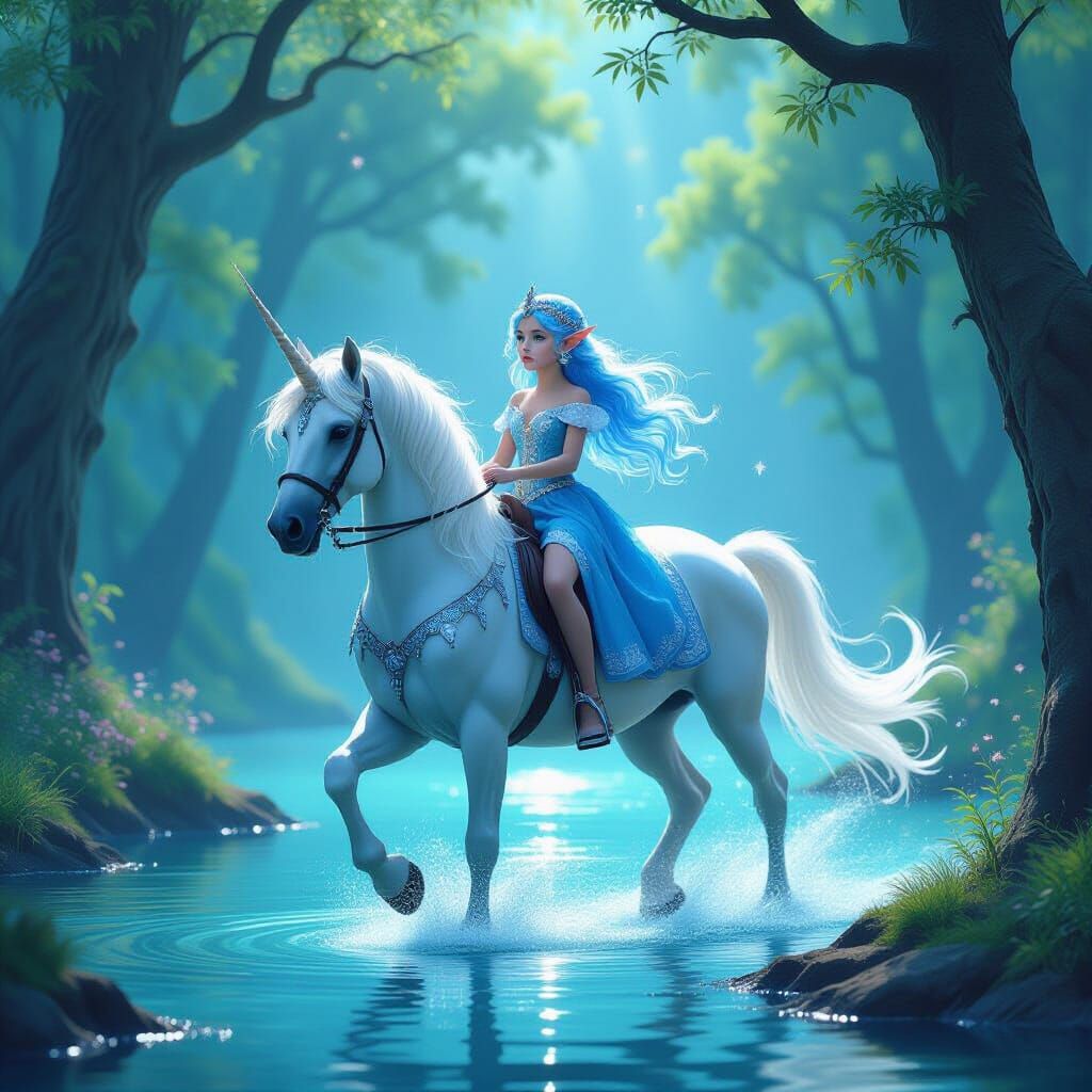 Elven Child Rides Unicorn in Enchanted Forest Digital Painti...