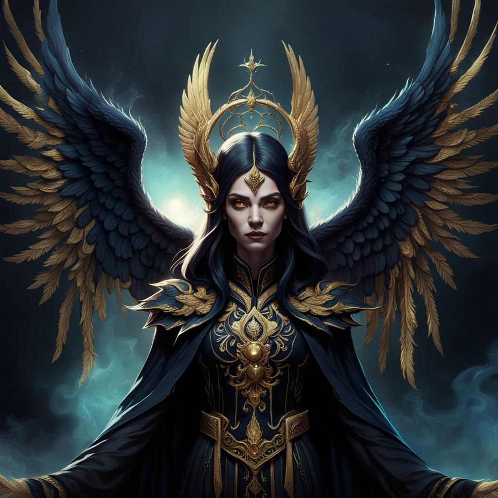 Evil Woman Portrait with Smoking Wings in Dark Fantasy
